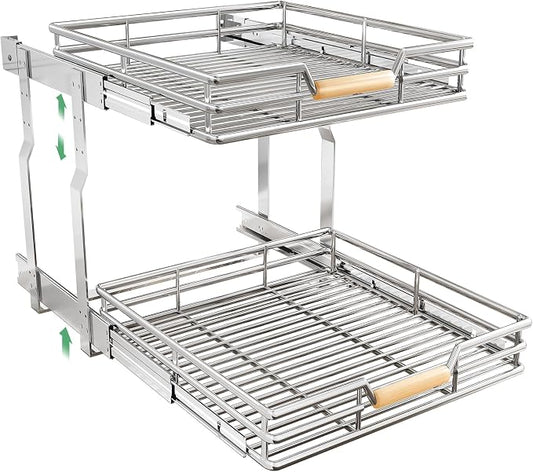 Pull out Cabinet Organizer, 2 Tiers 23"W X 21"D, Heavy Duty Smooth Sliding Under Cabinet Shelves for Pots and Pans, Full-Extension Roll out Drawers, Slide out Organization for Home Kitchen Pantry