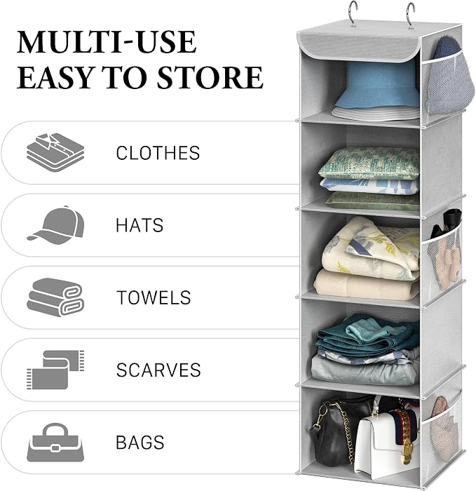 Simple Houseware 5 Shelf Hanging Closet Organizer, Gray | 360° Rotating Dual Hooks, Top Support Metal Frame, 6 Side Mesh Pockets