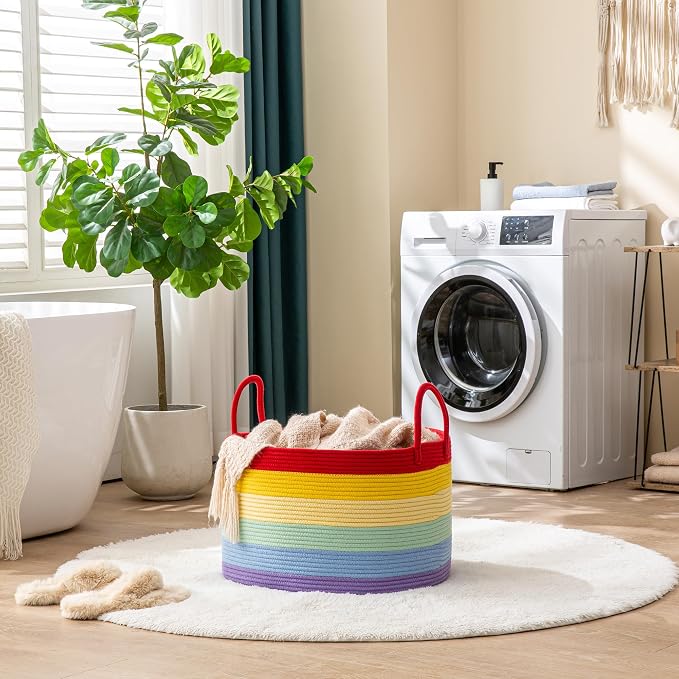 KAKAMAY Large Blanket Basket with Handles, Storage Basket for Living Room | Extra Large Capacity | Natural Cotton Rope | Blanket Storage | Woven Storage Basket | Stuffed Animal Storage | Laundry Basket
