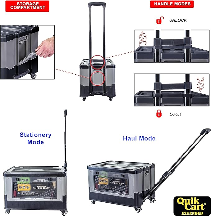 dbest Products Quik Cart Extended Four Wheeled Rolling Crate Teacher Utility with seat Dual Accessible Doors Heavy Duty Collapsible Basket with Two Position Handle | with Wheels, Dual Side Doors, Two-Position Handle, 360 Spinner Wheels, Foldable Utilit...