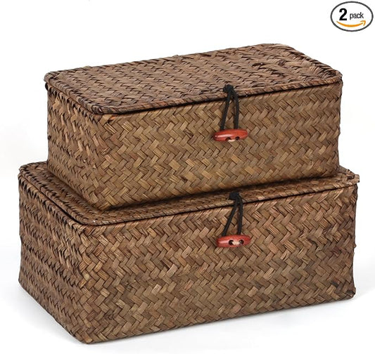 Moosky Wicker Shelf Baskets with Lid,Handwoven Seagrass Basket for Storage Basket Bins Rectangular Home Organizer Gift Boxes (Coffee Set of 2)