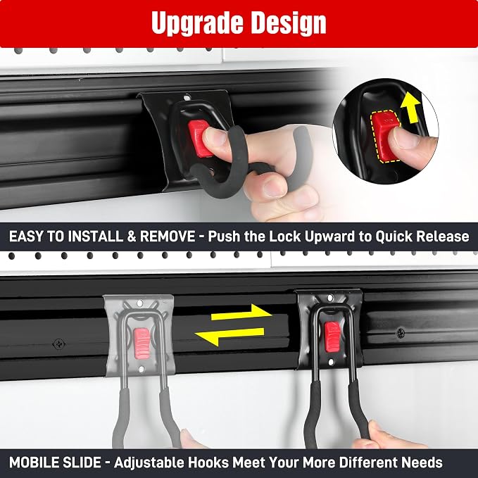 WORKPRO 64" Garage Tool Organizer Wall Mount with 8 Adjustable Hooks | Garage Organization, Garden Tool Rack System, 4 Rails, Hanging, Storage, Universal Installation, PVC material