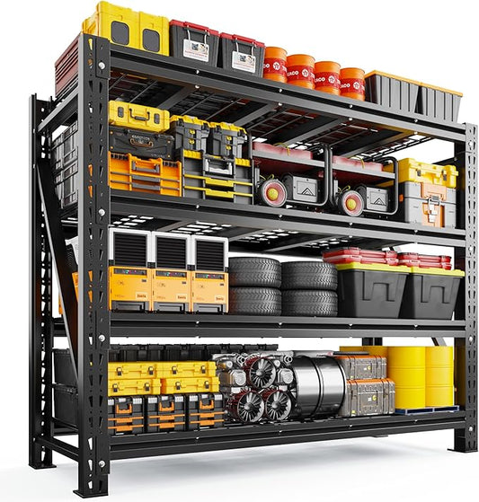 Romorgniz Garage Shelving Heavy Duty, 5000LBS Steel Rack for Garage, Shop | 4‑tier industrial solid steel shelf. Rust‑resistant, one‑piece uprights, side braces for stability, 16 supporting ribs