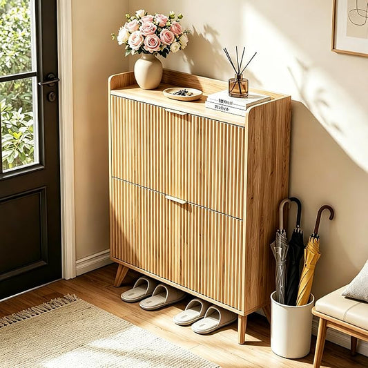 Fluted Shoe Cabinet Storage with 2 Flip Drawers, Wood Narrow Hidden Shoe Organizer with Adjustable Shelf for Entryway, Freestanding Slim Shoe Rack for Hallway Living Room, Saving Space, Oak
