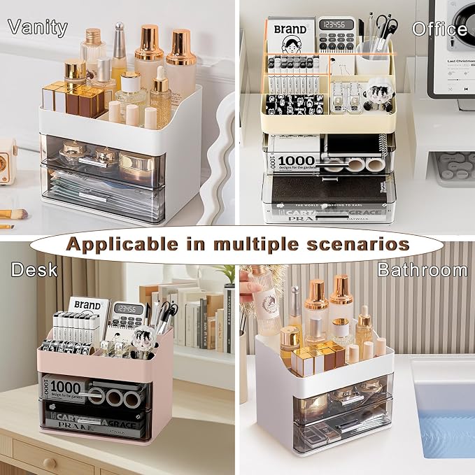 DASITON Makeup Organizer with 2 Drawers, Large Capacity Makeup Cosmetic Organizers for Vanity Dresser Bathroom Countertop, Vanity Organizer Makeup Storage Box for Skincare, Eyeshadow, Lotions (White)