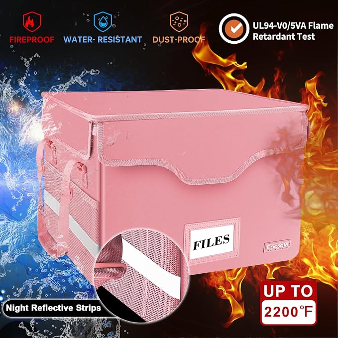 DocSafe Fireproof Document Box with Lock,File Storage Organizer with Pockets,Collapsible Portable File Box Home Office Safe Filing Cabinet with Handle for Hanging Letter/Legal Folders,Pink,2 Pack