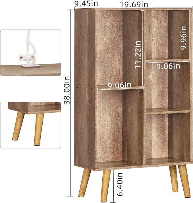LEYAOYAO 5 Cube Bookshelf, Mid-Century Modern Book Shelf with Legs, Oak | 3 Tier Bookcase, Rustic Wood Bookshelves Freestanding Small Storage Organizer, Open Shelves for Bedroom, Living Room, Office