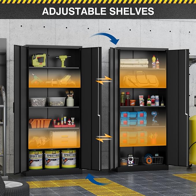 Fesbos Metal Storage Cabinet-72” Tall Steel File Cabinet with Lockable Doors and Adjustable Shelves-Black Steel Storage Cabinet for Home, School, Office, Garage