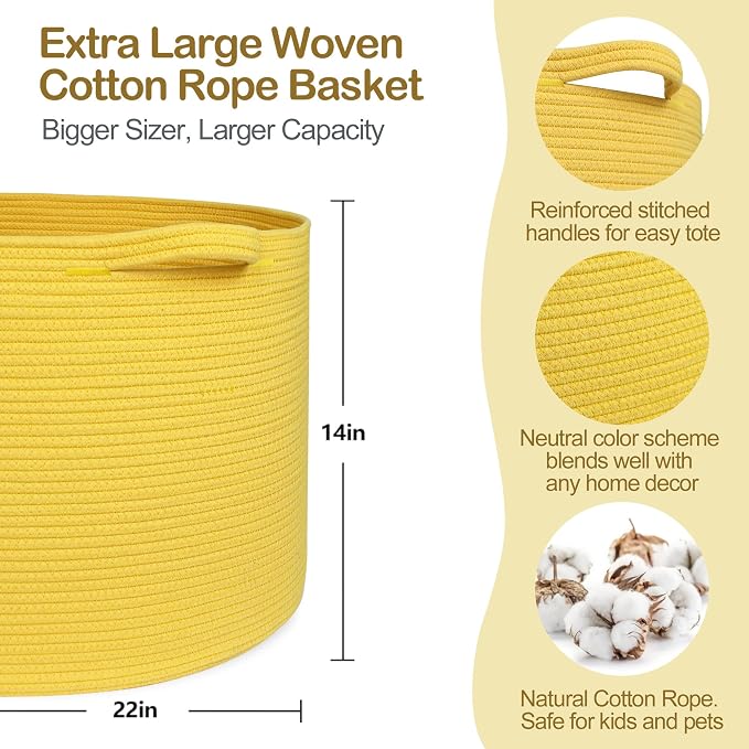 Extra Large Yellow Basket, 22” X 22” X 14” Cotton Rope Yellow Decor for Living Room Bedroom, Woven Basket for Blanket, Laundry, Towel, Shoe, Baby Nursery Toy Organizer, Room Decor Storage Bin
