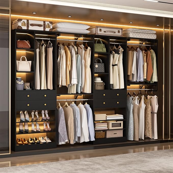 Besiost Closet System with Drawers, 120"/10FT, 151.2"/12.6FT, Built-in Closet Organizer System with Reversible Hanging Shelving and Hanging Rods, Black Set of 2