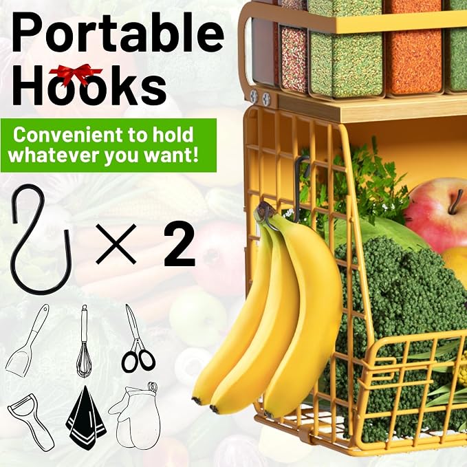 Magnetic Shelf for Fridge with Wood Lid, Fruit Potato and Onion Storage Bins, Pantry Organizers & Storage, Large Container Magnetic Spice Rack for Refrigerator, Kitchen Counter, Cabinet (Yellow, 2)