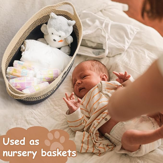 Dog Toy Basket Woven Baskets for Organizing Rope 22"X11"X7.9" Large Storage Basket with Handle Cute Cotton Nursery Gift Dog Toy Bins Organizer-Light Beige