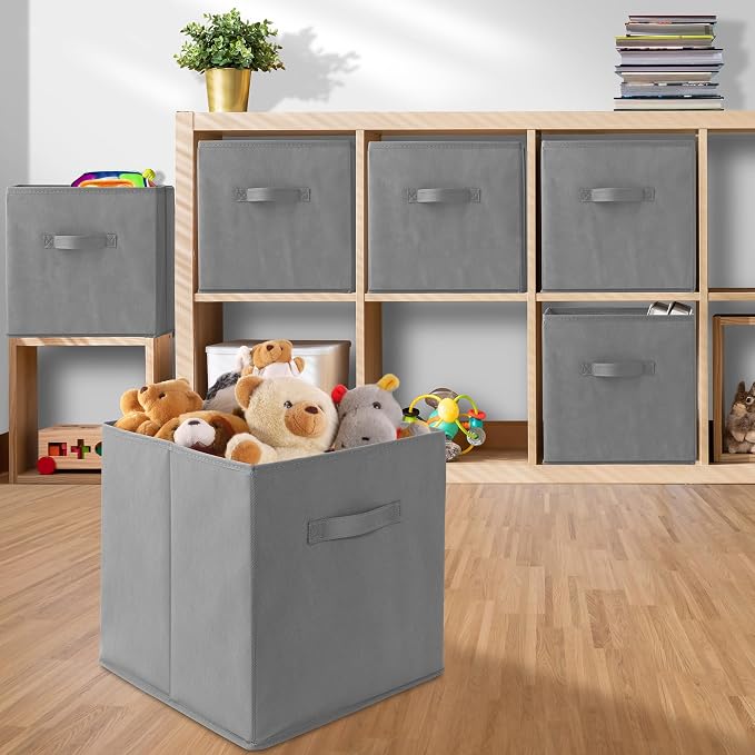 Casafield Set of 6 Collapsible Fabric Cube Storage Bins, Gray - 13" Foldable Cloth Baskets for Shelves, Cubby Organizers & More