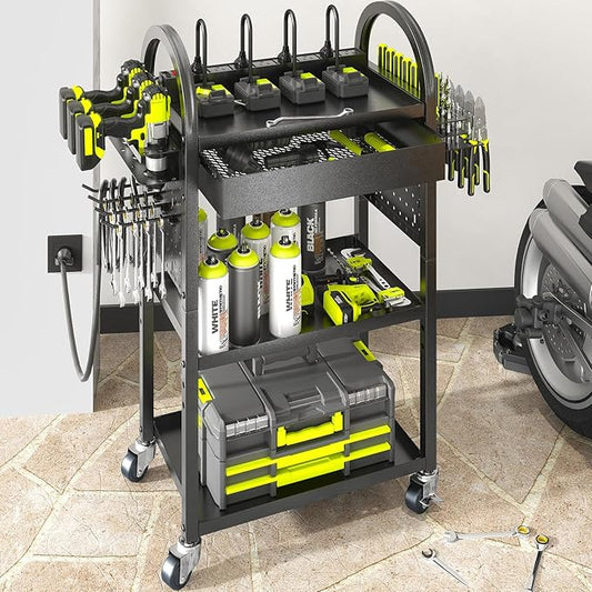 Power Tool Cart with Charging Station, Rolling Cart with Drawer, Heavy Duty Power Tool Organizer with 360 Silent Wheels, Storage for Garage, Warehouse & Repair Shop