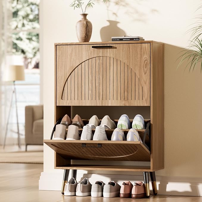Farmhouse Shoe Cabinet Storage for Entryway, Slim Shoe Rack Cabinet with 2 Flip Drawers, Narrow Shoe Organizer Cabinet with Stylish Round Panel, Metal Leg and Handle