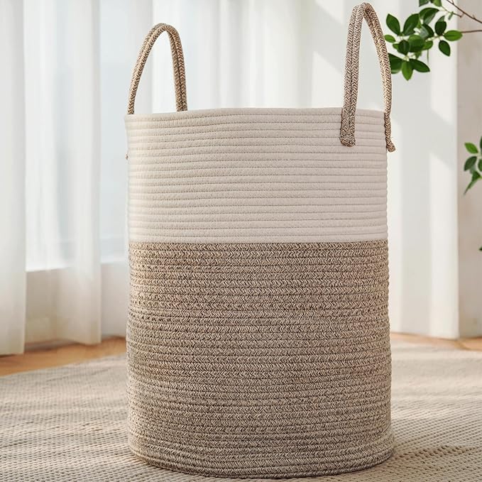 JMvicyroam Large Woven Laundry Basket Hamper,100L Cotton Rope Storage Bin for Blankets,Toys and Clothes,Decorative Tall Nursery Hamper for Living Room,Baby Nursery,Bathroom and Bedroom,Brown