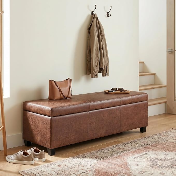 SIMPLIHOME Avalon Storage Ottoman Bench - 48" Wide x 16" High Upholstered Vegan Leather Rectangular Lift-Top Ottoman in Distressed Pecan Brown, Contemporary Storage Bench with High-Density Foam