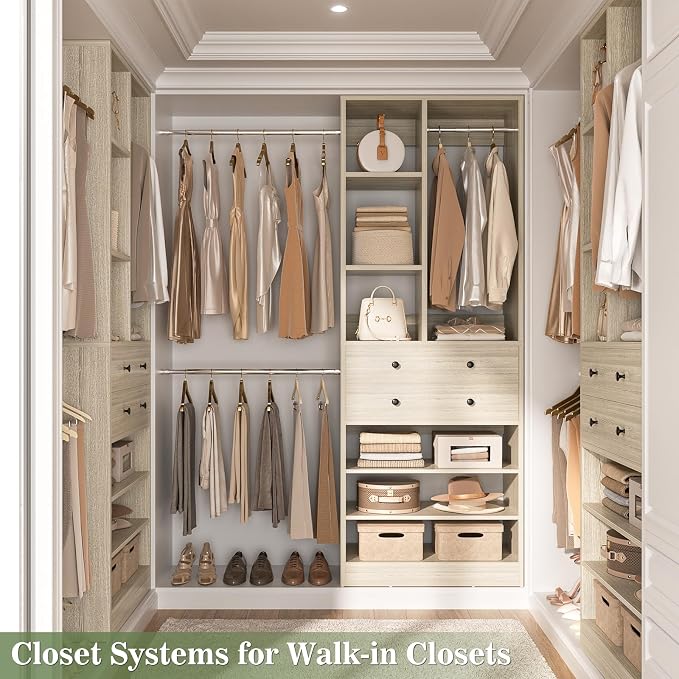 Besiost Closet System, 4.2–8.8 FT Closet Organizer with 2 Wooden Drawers and Shelves, Walk-in Closet System with 5 Hang Rods, Built-in Reach in Closet Tower, Can Fit 60 to 96 inch, Greige Oak