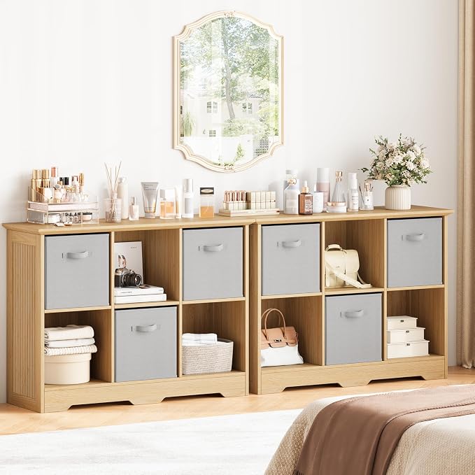 6 Cube Storage Organizer Shelf, Wood Cubby Storage with 3 Fabric Drawers | 2 Tier Wooden Bookshelf with 2 Adjustable Shelves, Fluted Side Panels Bookcase for Bedroom, Living Room, Home Office, Wood