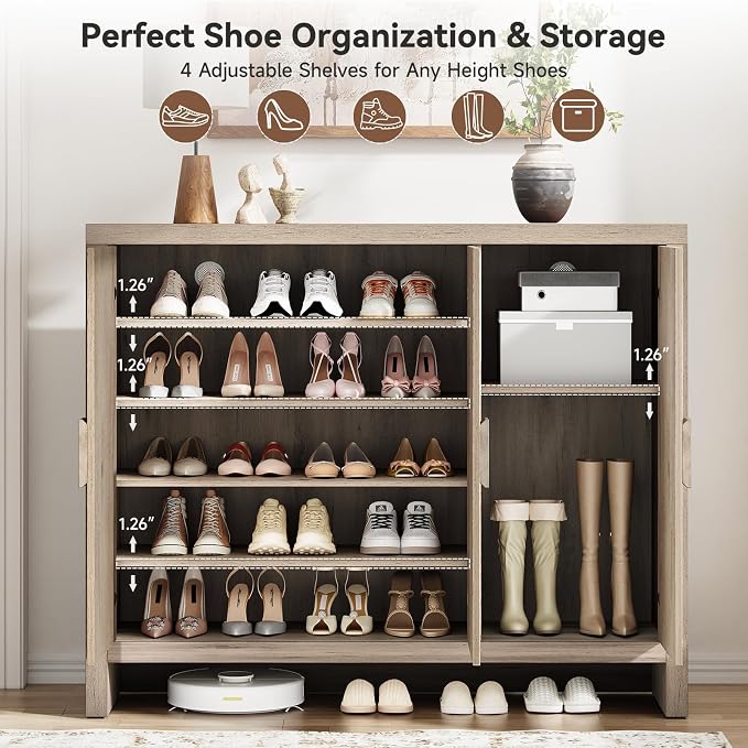 ONBRILL Shoe Cabinet with 3 Doors, 30 Pairs Shoe Storage Cabinet with Adjustable Shelves & Ventilation Hole Design, 47'' Wide Shoe Rack Shoe Organizer Cabinet for Entryway Living Room (Light Gray)
