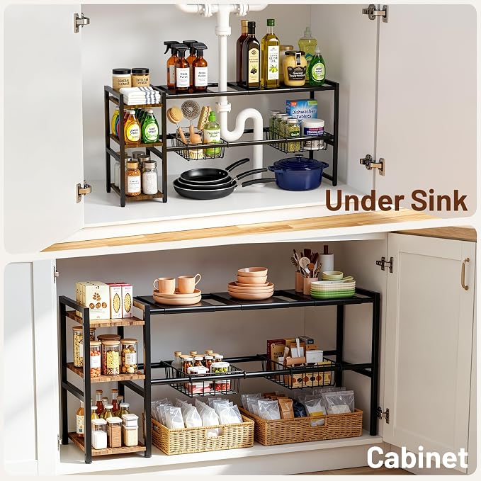 Housolution Expandable Under Sink Cabinet Organizer Rack and Storage Shelf | 24"-37.8" Expandable Length, 3-Tier Side Wooden Shelves, Height Adjustable for Kitchen Bathroom