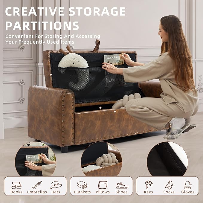 48" Ottoman with Storage, Tufted Storage Ottoman Bench, Convenient Living Room Fabrics Bench Seat, Entryway Shoe Benches with Inner Zipper & Arm, Upholstered Window Seat Ottomans with Rivets, Brown