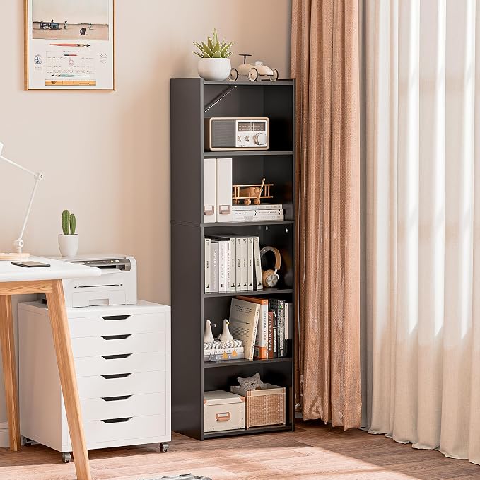 SUPER DEAL 5-Tier Bookcase and Bookshelf, Open Storage Shelves Narrow Tall Freestanding Cube Display Shelf for Bedroom Home Office Apartment Small Spaces, 52 Inch Black
