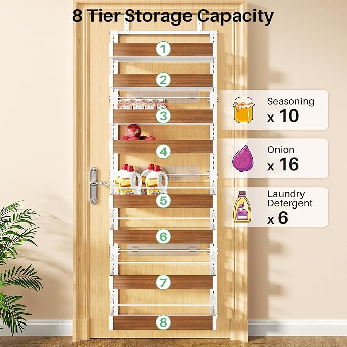 SNTD 8 Tiers Over the Door Organizer - Height Adjustable Pantry Organizers and Storage with Dense Mesh Baskets, Anti-Swing Hanging Door Spice Rack for Kitchen Bathroom (Walnut, 17" W x 6" D x 69" H)
