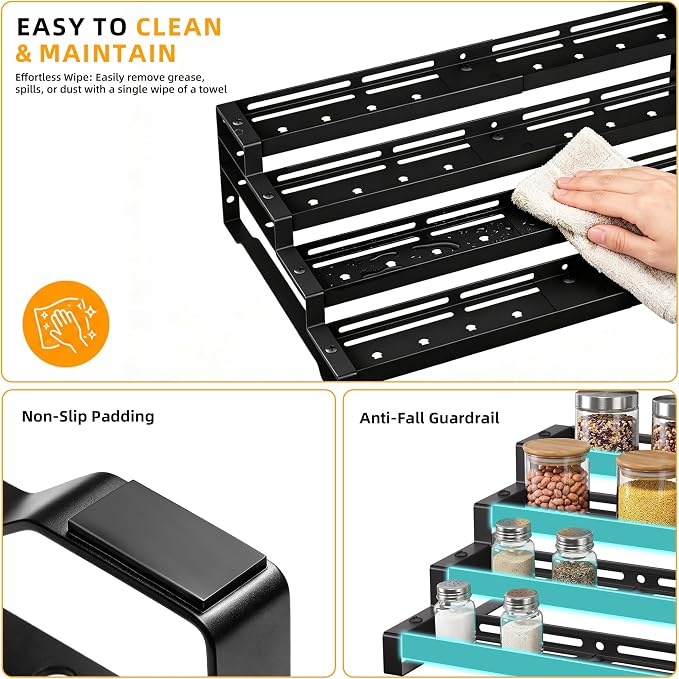 Spice Rack Organizer for Cabinet, 13-21.5" Expandable Spicy Shelf | 11.6" Wide 4-Tier Black Metal Seasoning Organizer, Kitchen Spice Organization, Slip-Resistant Guardrails for Jars and Cans