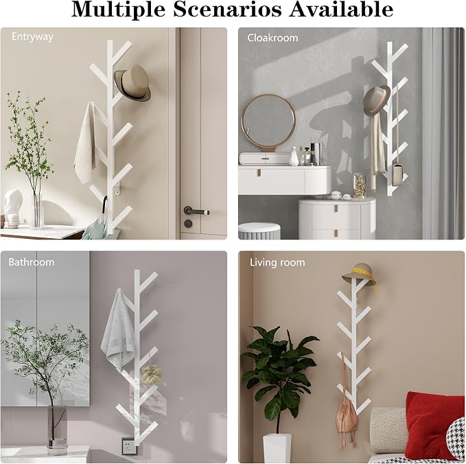 Prywot Vertical Hat Rack, Metal Coat Rack Wall Mounted, White, 37.8" | 9 Hooks, Space-saving wall-mounted design, for Hats, Jackets, Coats, and Bags - Suitable for Entryways and Bedrooms