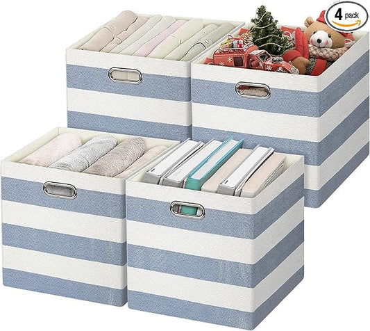 Posprica Collapsible Storage Bins,13×13 Fabric Storage Cubes Basket Containers Drawers for Nurseries,Offices,Closets (Set of 4, Blue-white Striped)