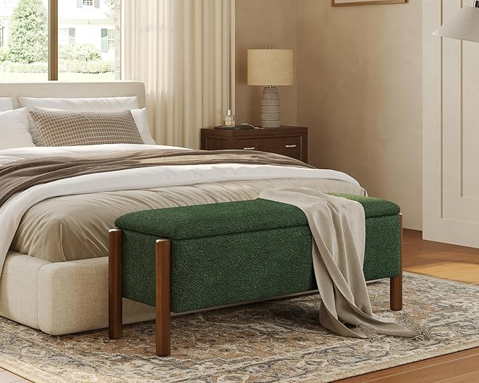 47" Storage Ottoman Bench, Boucle Upholstered End of Bed Bench for Bedroom, Entryway Shoe Bench with Large Storage Space, Heavy Duty Padded Foot Rest Stool Blanket Chest for Living Room, Green