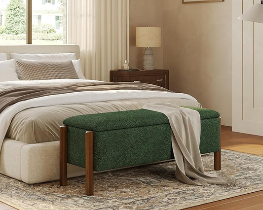 47" Storage Ottoman Bench, Boucle Upholstered End of Bed Bench for Bedroom, Entryway Shoe Bench with Large Storage Space, Heavy Duty Padded Foot Rest Stool Blanket Chest for Living Room, Green