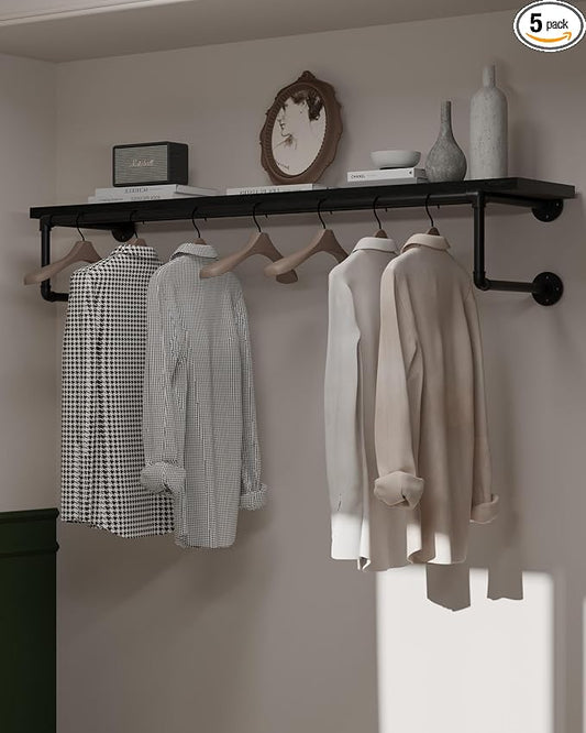 Clothes Rack 48in, Wall Mounted Garment Racks with Real Black Wood Shelf, Heavy Duty Hanging Clothes Rack, Multi-Purpose Hanging Rod, Space-Saving Closet Storage