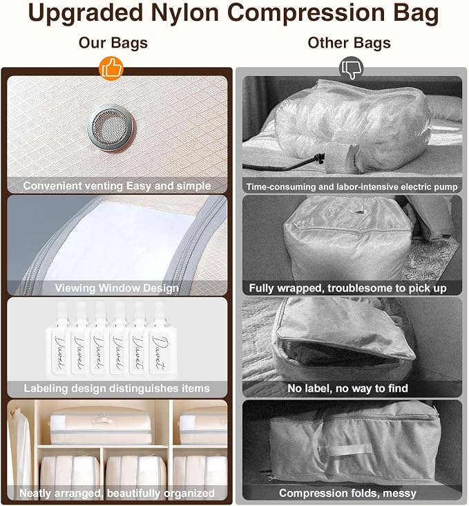 Homsorout 6 Pack Compression Storage Bags - 110L Large Capacity Comforter Storage Bag, 3-Layer Washable Ultra Space Saving Self Compression Organizer Space Bags for Blankets, Sweaters, Sheets, Beige