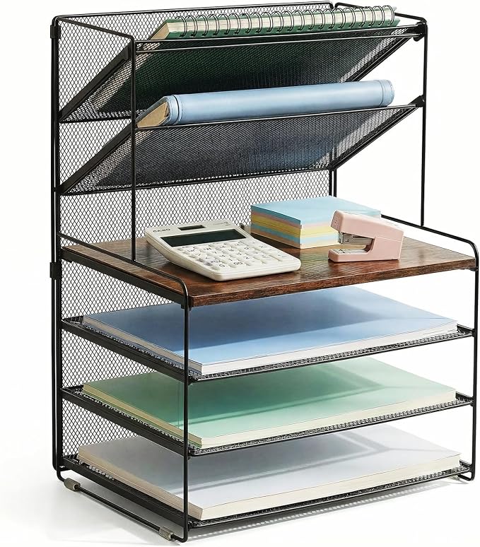 OPNICE 6-Tier Letter Tray Paper Organizer, Desk Organizers and Accessories, Desktop File Organizer, Office Desk Accessories for Office Supplies (Wood Brown)