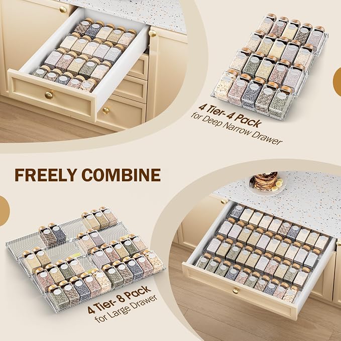 PanPanPal Spice Drawer Organizer, 8 Pack Clear Seasoning Organizer Rack, Expandable From 11" to 22" Wide Kitchen Spice Rack Organizers for Drawer, Countertop (Jars Not Included)