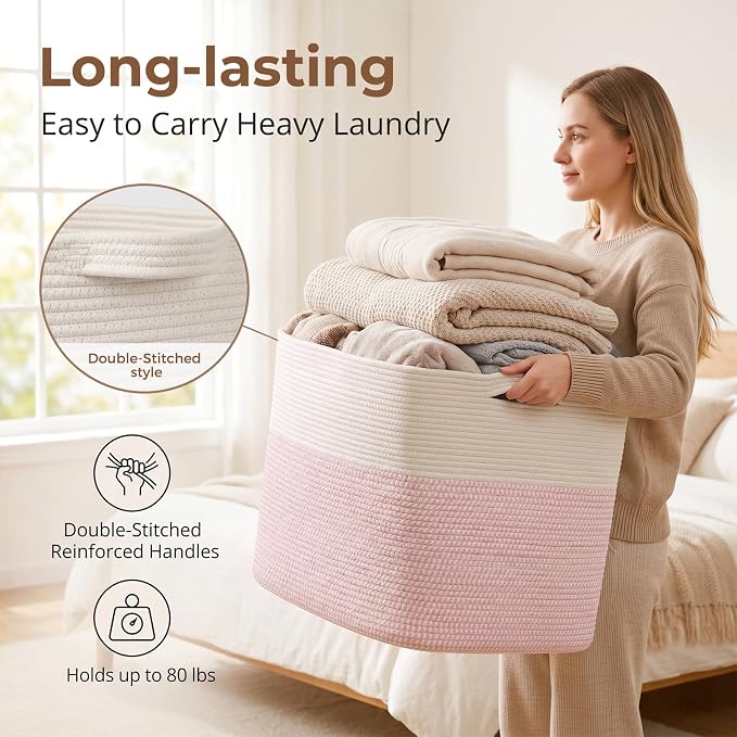 OIASKET 108L Cotton Rope Storage Basket for Living Room and Bedroom 25"x16"x16" Woven Laundry Basket, Heavy Duty Bin for Blankets, Pillows & Toys, Pet-Safe & Scratch-Free, Pink and White