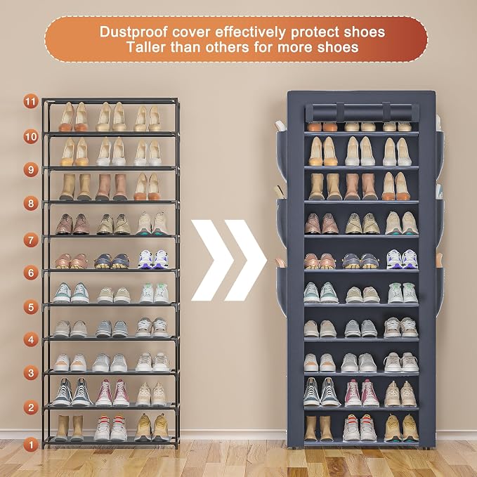 OYREL Shoe Rack Dustproof 10 Tier Tall Large Storage with 6 Storage Pocket | Space Saving Fabric Cover Shoe Organizer Shelf for Closet, Bedroom, Garage, Entryway, Narrow Free Standing Cabinet Holder