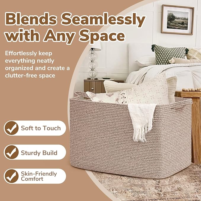 Goodpick 105L Extra Large Woven Blanket Basket, Cotton Rope, Brown | 25 x 16 x 16 in, Rectangle, Blankets, Clothes, Toys & Pillows Storage, Living Room, Bedroom & Nursery Organization