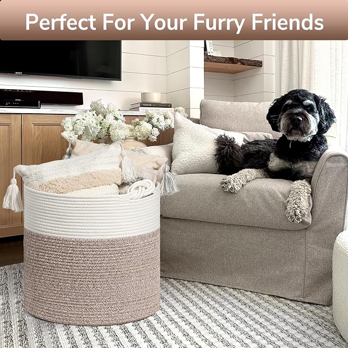 Goodpick Jute Woven Basket for Blankets Clothes Organizing，Cotton Rope, 40L | Soft Blanket & Laundry Basket with Handles, Baby Toy Storage Basket for Living Room, Playroom, Nursery, Brown