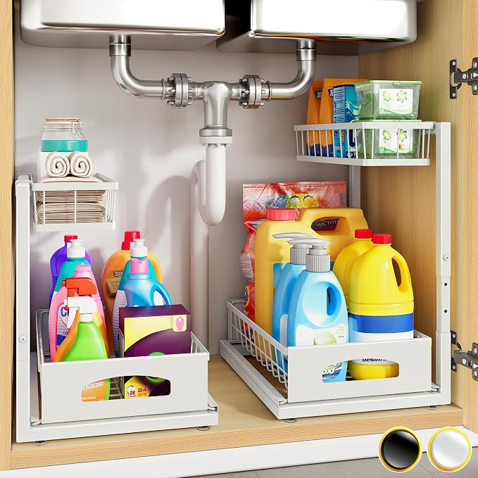 Under Sink Organizer, 2 Pack Cabinet Organizer for Kitchen, Height Adjustable Pull Out Heavy Duty 2 Tier Metal Under Sink Storage for Bathroom Pantry (White, 2 Pack)