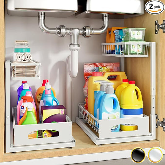 Under Sink Organizer, 2 Pack Cabinet Organizer for Kitchen, Height Adjustable Pull Out Heavy Duty 2 Tier Metal Under Sink Storage for Bathroom Pantry (White, 2 Pack)