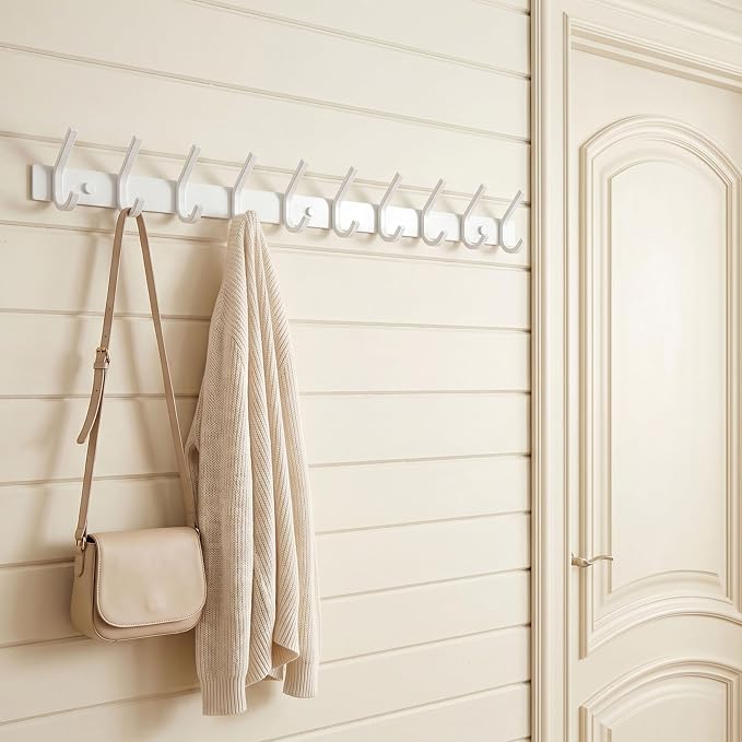 WEBI Coat Rack Wall Mounted,10 Hooks,30" Long Coat Hooks Wall Mount,Coat Hanger Wall,Hook Rack,Jacket Hooks for Hanging Coats,Hats,Clothes,White,2 Packs