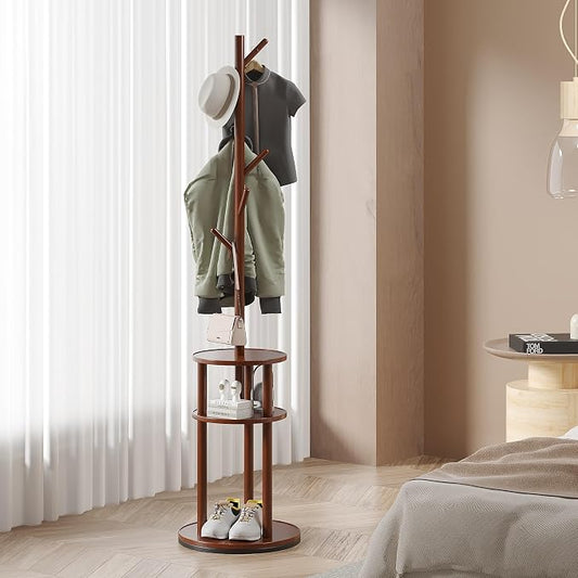 VECELO Coat Rack Freestanding, Entryway Hanger Stand, Umbrella Holder, Hall Tree With Hooks, Floor Standing Tree Stand,Walnut