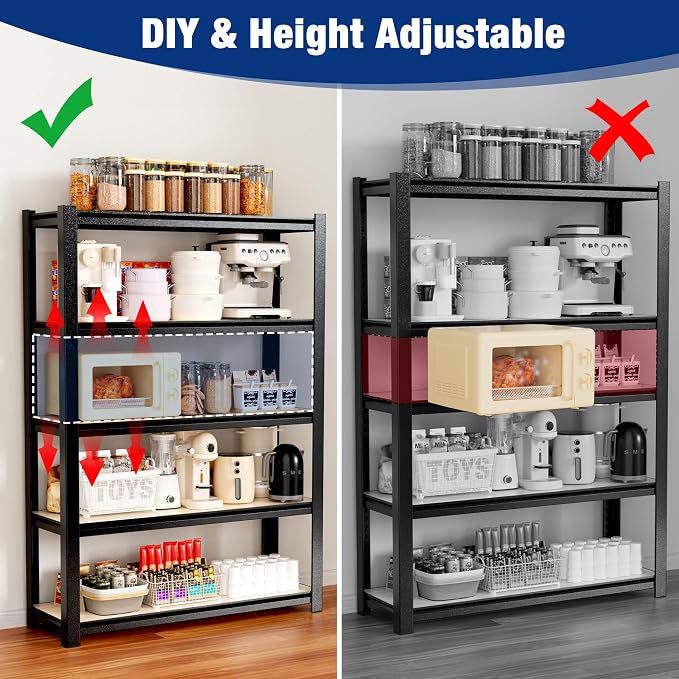 WORKPRO 5-Tier Black Shelving with Board, 48”W x 24”D x 72”H, 3000LBS Load | Adjustable, Heavy Duty, 3000lbs, Boltless Shelving for Kitchen, Living Room, Garage