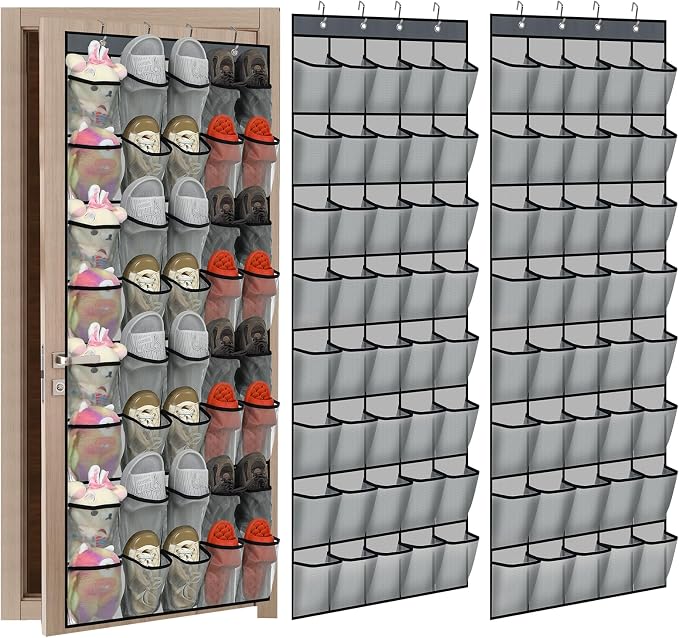 Windyun 2 Pcs 40 Pocket Over The Door Shoe Organizer Large Breathable Mesh Hanging Shoe Rack for Closet Space Saving Shoes Storage Holder Hanger for Dorm Room Bathroom Bedroom Entryway (Gray)