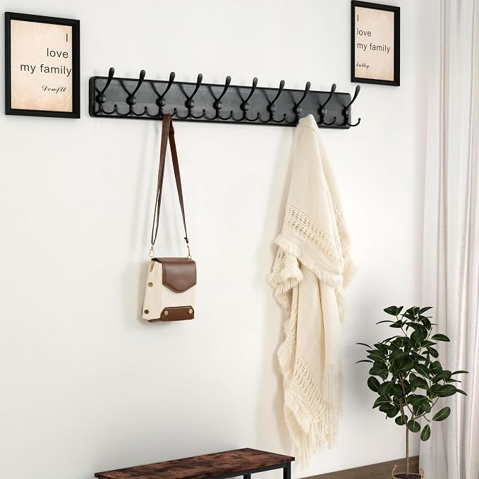 Coat Rack Wall - Heavy-Duty 38-1/4" Long, with Reinforced 10 Custom Tri-Hooks, Solid Wood Wall Hanger for Coats Hat Jackets - Rustic Farmhouse Entryway Hallway Storage, Black