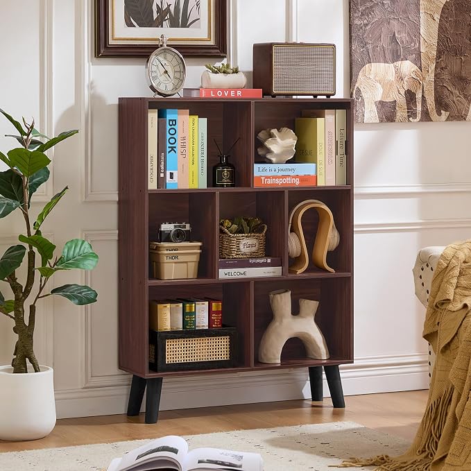 LEYAOYAO Cube Bookshelf, Mid-Century Modern Book Shelf with Legs, Walnut | 3 Tier Bookcase, Rustic Wood Bookshelves Freestanding Small Storage Organizer, Open Shelves for Bedroom, Living Room, Office
