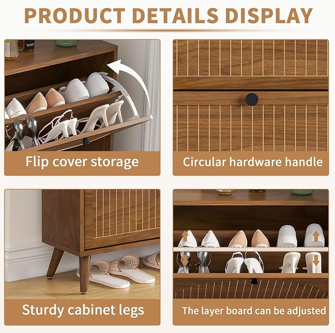 Fsbecl Shoe Storage Cabinet for Entryway with 4 Fluted Flip Drawers, Walnut | Narrow Design, Freestanding Shoe Rack with Adjustment Shelves, Wooden Hidden Organizer for Hallway Foyer, 16-24 Pairs